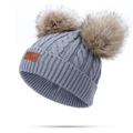 Grey cable knit winter hat for children featuring dual brown faux fur pom poms and leather tag - Double Pom Pom / Gray