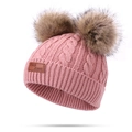 Pink cable knit beanie for kids with double brown faux fur pom poms and leather patch - Double Pom Pom / Dusty Pink