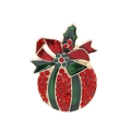 Christmas wreath brooch with red rhinestones and green enamel on a golden base - Christmas Ball Style (C1651-1)