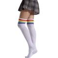 White over-knee high socks featuring vibrant rainbow striped cuffs on model - White Athletic Rainbow Striped