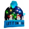 Blue LED Christmas knitted beanie featuring snowman pattern and Let It Snow text - LET IT SNOW