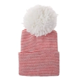 Macro view of a soft red and white striped newborn knitted beanie with a large white pom-pom - Red And White Striped Hat With White Pom