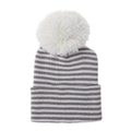 Close-up detail of striped baby knitted beanie with a soft white fluffy pom-pom. - Gray And White Striped Hat With White Pom