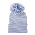 Detail view of a soft blue and white striped newborn knit beanie with a fluffy pom-pom. - Blue And White Striped Hat With Blue White Pom