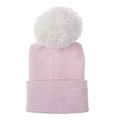 Pink and white striped double-layered thick baby knit hat with a fluffy pom-pom top - Pink And White Striped Hat With White Pom
