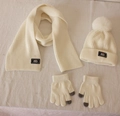 Kids knitted winter set featuring warm cream beanie scarf and touch screen gloves - White