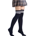Navy blue over-the-knee socks with triple white stripes in a preppy college style - L (Height 52cm) / Navy with White Stripes