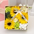 Square gift box with yellow sunflowers and white roses tied with a Forever Love ribbon - 15cm*15cm*8cm / Sunflower Small Square Box (Yellow)