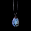 Water-drop opalite tree of life pendant wrapped in copper wire on black cord necklace - Opal