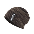 Macro detail of brown marl knit beanie with HSWBOY tag showing texture and stitching - Khaki (Fleece Lined)