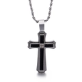 Pendentif croix en acier argenté avec incrustation noire et cristaux sur chaîne torsadée - Croix Argent et Noire (KN90106-KPD)