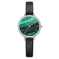 Elegant women's watch with black leather strap and green malachite dial in silver case - Silver Case Black Strap