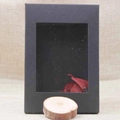 Front view of black kraft paper gift box with clear PVC window on beige burlap background - 12.5*8.5*1.5CM / Black