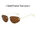 Y2K rimless sunglasses featuring gold metal temples and stylish tea brown lenses - Gold Frame Tea Lens