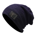 Deep purple knit beanie hat with Union Jack patch and metal star for autumn warmth - M (56-58cm) / Navy Blue