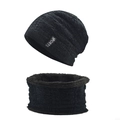 Close-up of black knit winter beanie and scarf set with warm fleece lining and sports label - Black