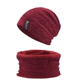 Detailed texture of burgundy chenille knit beanie and neck warmer with sports label - Dark Wine Red