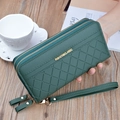 Portefeuille long vert foncé à double fermeture éclair avec motif à carreaux et dragonne - Vert