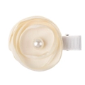 Detailed view of an ivory satin flower hair clip with a centered pearl on a white base - #10 Beige Pearl Flower-Clip