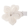 Detailed view of white fabric flower hair clip with pearls and rhinestones decoration - #1 White Star Flower-Clip