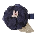 Detail view of handmade navy blue fabric flower hair clip with textured leaves and ribbon - #8 Navy Leaf Flower-Clip