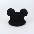 Close-up of black plush winter hat with cute round mouse ears and soft faux fur texture - 50-57cm / Black