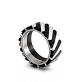 Unisex titanium steel ring featuring black and white diagonal stripes and gear edges - US 7 / Silver and Black (KR54021-GC)