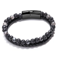 Men's double-layer bracelet with natural lava stone, tiger eye, and braided leather strap - 21cm / Lava Stone