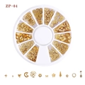 Japanese style gold alloy moon and star nail art studs set in a 12-compartment rotary box - Heart Moon Hollow Flower Combination(ZP-04)