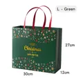 Green Christmas gift bag with red ribbon handles and gold holiday greetings - L Green - Christmas Carol Gift Bag