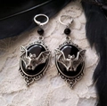 Gothic silver earrings with black oval stones and bat motif on lace and feathers - Black Bat Earrings / Antique Silver