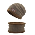 Detail of knitted winter beanie and neck warmer set with thick faux fur fleece lining - Kids (48-53cm) / Khaki (Set)
