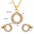 Detailed view of gold plated stainless steel hollow circle jewelry set with crystal cubic zirconia - Necklace 45cm+Earrings 11mm / Gold Style (SE212001G)
