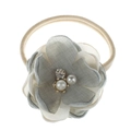 Detail of floral nylon headband for girls featuring gray fabric flower with pearl center - Double Pearl Rhinestone Flowers