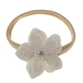 Detail of cream nylon baby headband with a felt flower, pearls and rhinestones - White Pentagonal Flower