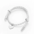 Minimalist white braided leather bracelet featuring a polished heart pendant and slider knot - White