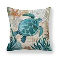Macro detail of nautical pillow case featuring a turquoise sea turtle on vintage map fabric - Blue Sea Turtle