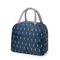 Navy blue insulated lunch bag with light blue arrow patterns and grey handles - Blue with White Feathers