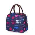 Insulated navy blue lunch bag with shark print and brown handles in a compact design - Navy Shark M22