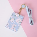 Light blue PU leather ID card holder with cherry blossom print and lanyard - Blue