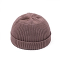 Close-up of dark brown ribbed knit beanie with thick vertical stripes and wide cuff detail - Khaki