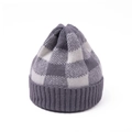 Close-up of grey checkerboard knit beanie with ribbed cuff and thick warm texture - Gray and White Plaid (Adult)