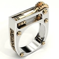 Steampunk two-tone mechanical gear ring with intricate silver and gold industrial details - US 8 / CR6595 Two-tone