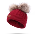 Winter cable knit double pompom beanie in dark red with leather logo patch - Double Pom Pom / Burgundy