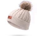 Beige cable knit children's winter hat with dark brown pom-poms and leather patch - Single Pom Pom / Beige