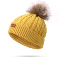 Winter cable knit beanie for kids in bright yellow with faux fur pom pom and leather patch - Single Pom Pom / Yellow