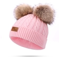 Pink knit toddler beanie with dual brown pom-poms and a leather patch detail - Double Pom Pom / Light Pink