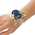 Navy blue satin rose wrist corsage with golden leaves and pearls for bridesmaids - Dark Green