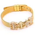 Adjustable golden stainless steel mesh bracelet with crystal crown and Love charms - Gold Mesh/Crown/Love/Star / Gold