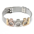 Adjustable stainless steel mesh bracelet with tri-color rhinestone ring charms - Tri-color Ring Charm Mesh Bracelet / Silver